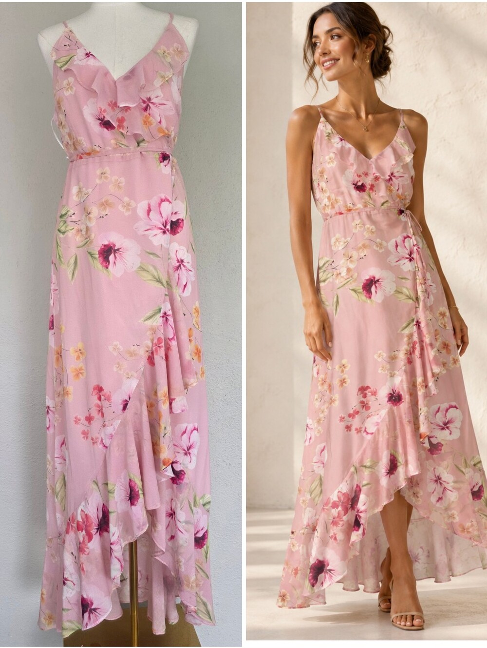 Yumi Kim Floral Wrap  Dress Pink Ruffle High Low Romantic Maxi Size Medium